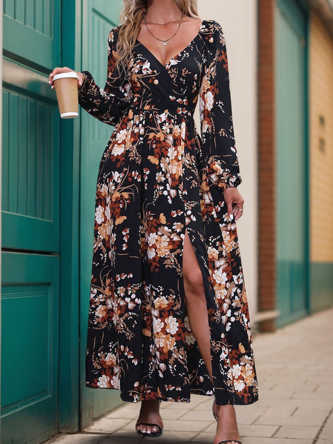 Perfee Slit Printed Surplice Long Sleeve Maxi Dress