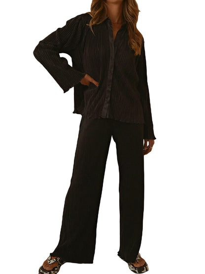 Collared Neck Long Sleeve Top and Pants Lounge Set