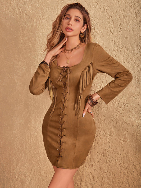 Fringe Lace Up Square Neck Long Sleeve Mini Dress