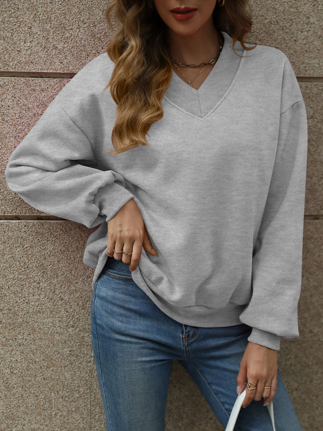 V-Neck Long Sleeve Dropped Shoulder Sweatshirt