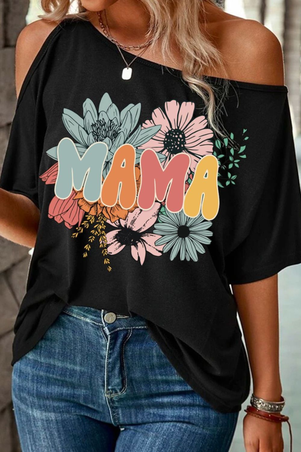 MAMA One Shoulder Half Sleeve T-Shirt