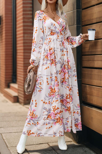 Perfee Slit Printed Surplice Long Sleeve Maxi Dress