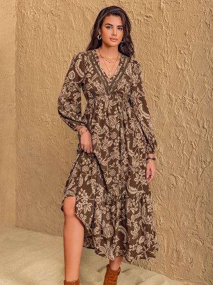 Ruched Printed V-Neck Long Sleeve Midi Dress