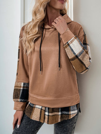 Perfee Drawstring Slit Plaid Long Sleeve Hoodie