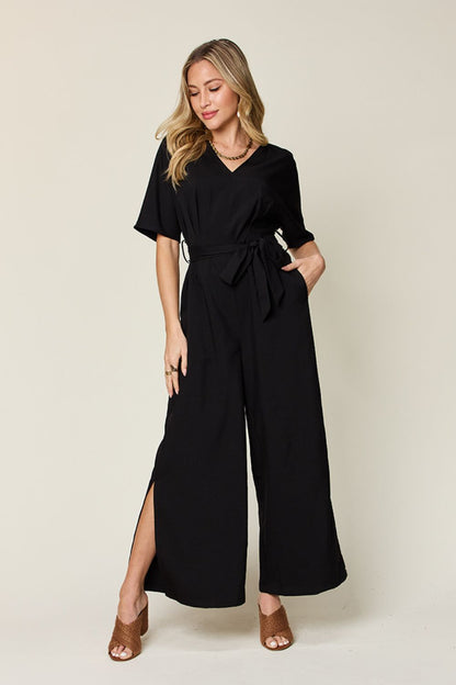 Double Take Full Size V-Neck Tied Side Slit Jumpsuit