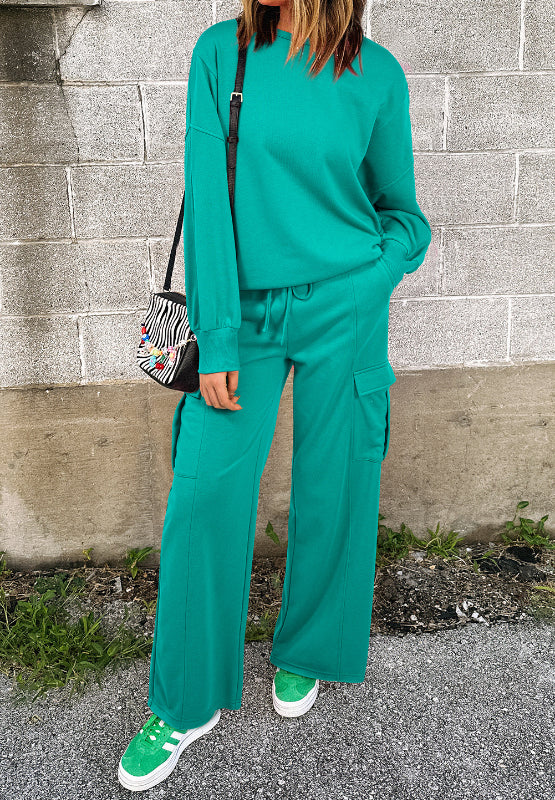 Full Size Round Neck Long Sleeve Top and Drawstring Pants Set