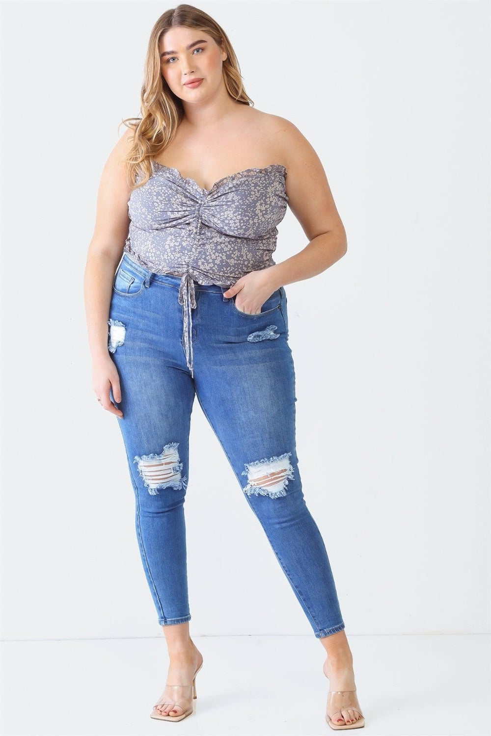 Zenobia Plus Size Drawstring Smocked Floral Tube Top