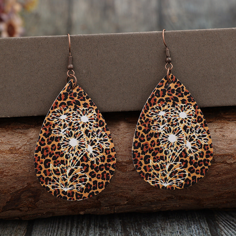 Leopard PU Leather Teardrop Shape Earrings