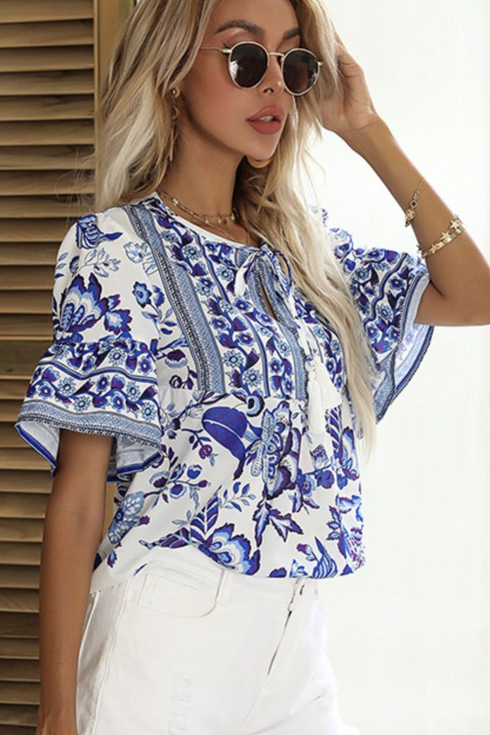 Perfee Printed Buttoned Flounce Sleeve Blouse