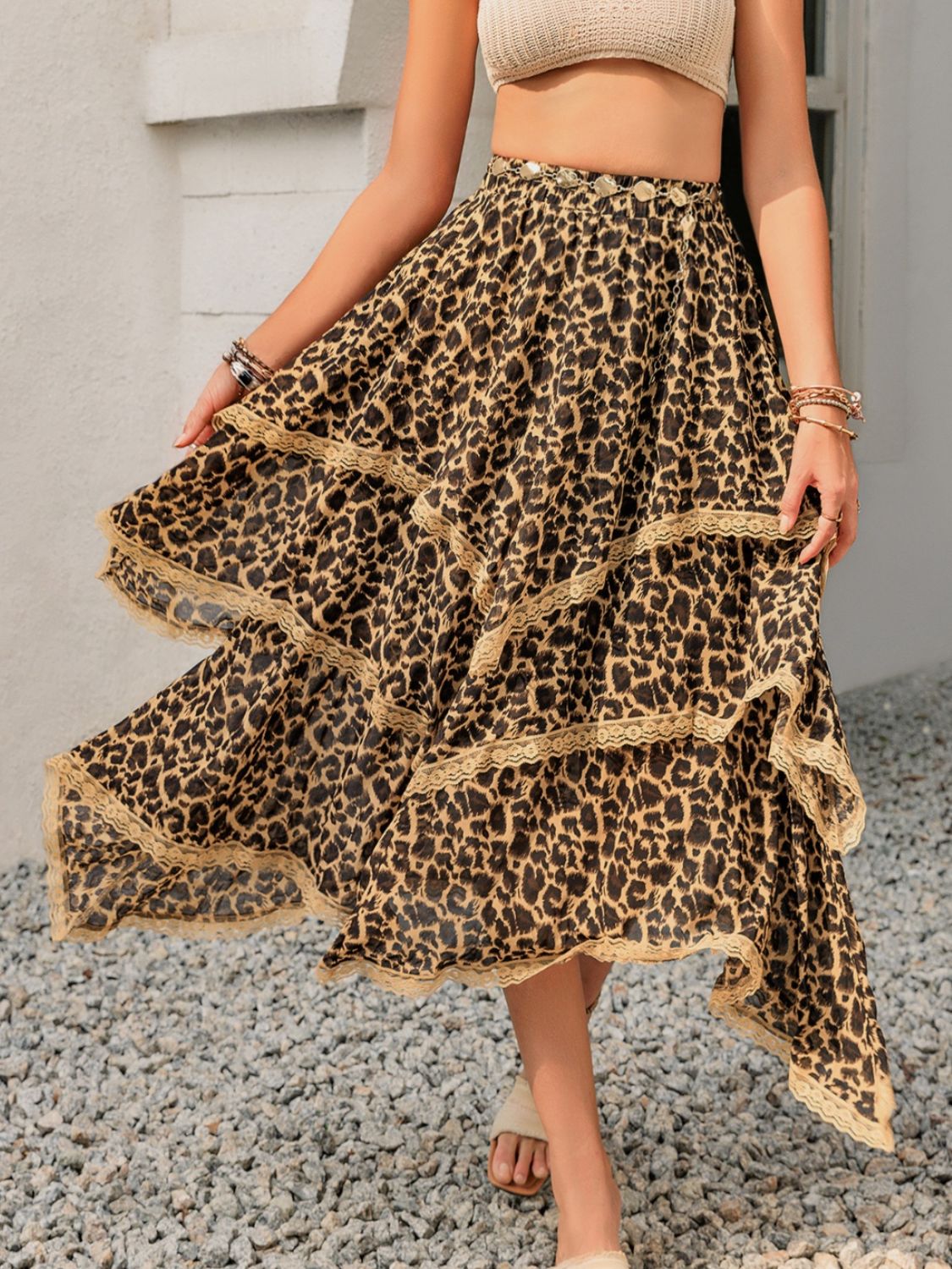 Lace Detail Layered Printed Skirt