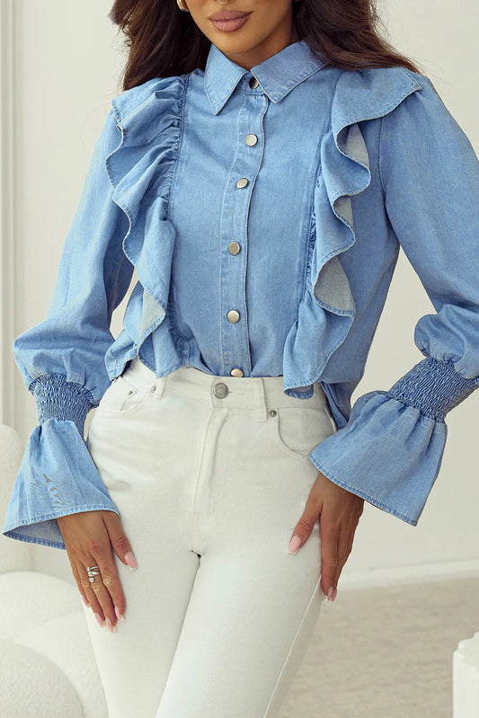 Ruffled Button Up Long Sleeve Denim Top