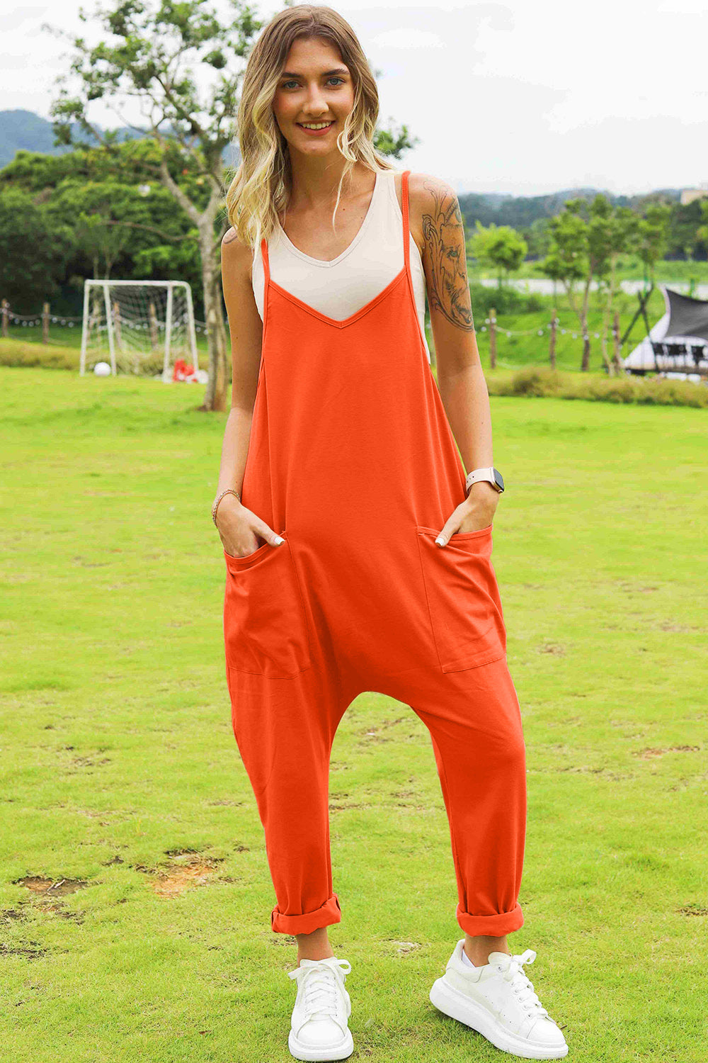 Double Take Full Size Sleeveless V-Neck Pocketed Jumpsuit