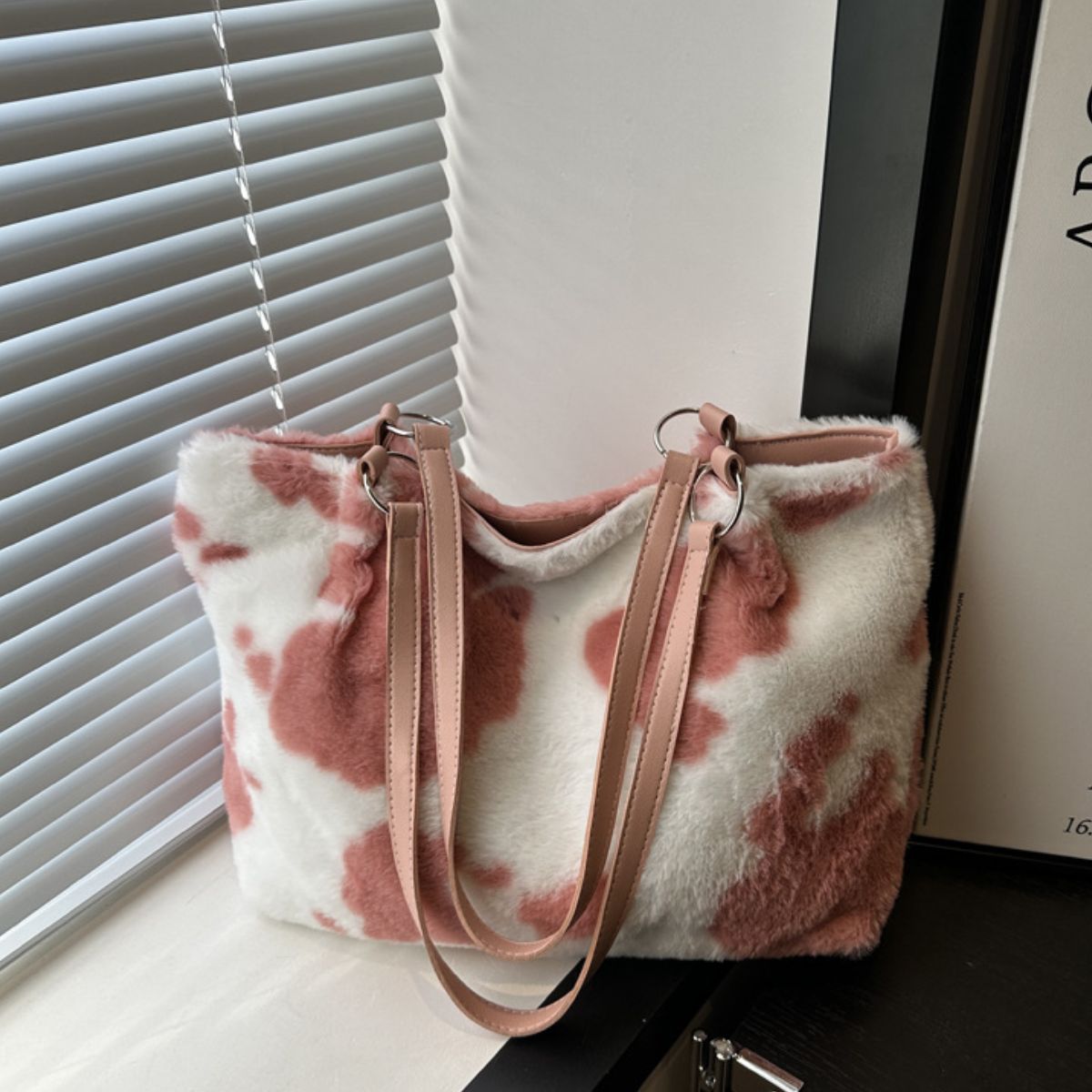 Cow Print Furry Tote Bag