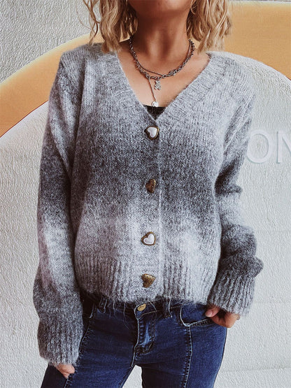 Gradient Heart Shape Button V-Neck Cardigan